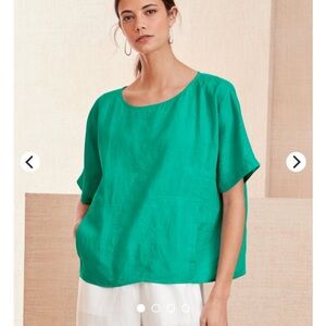 Eileen Fisher Organic Handkerchief Linen Round Neck Boxy SS Green Top Women L
